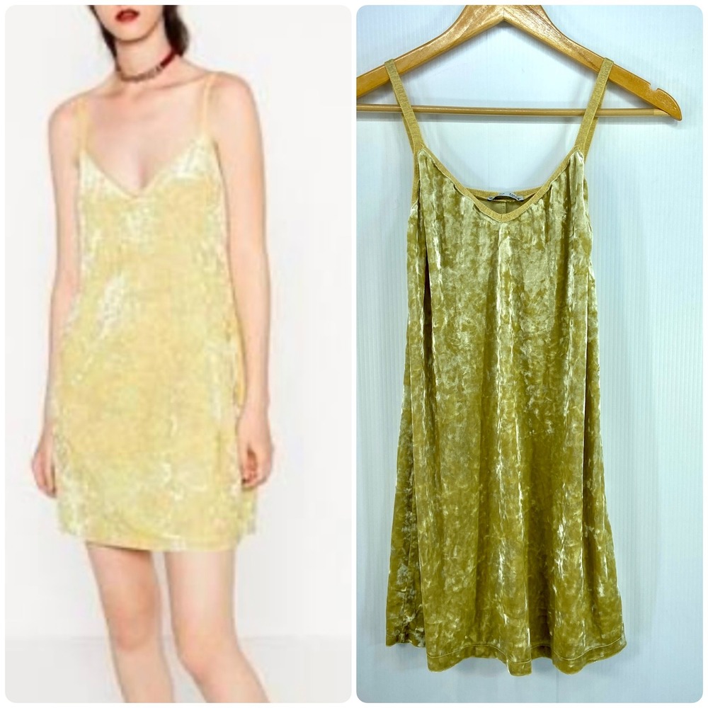 Zara Pistachio‎ Green Crushed Velvet V Neck Mini Slip Dress Womens Small